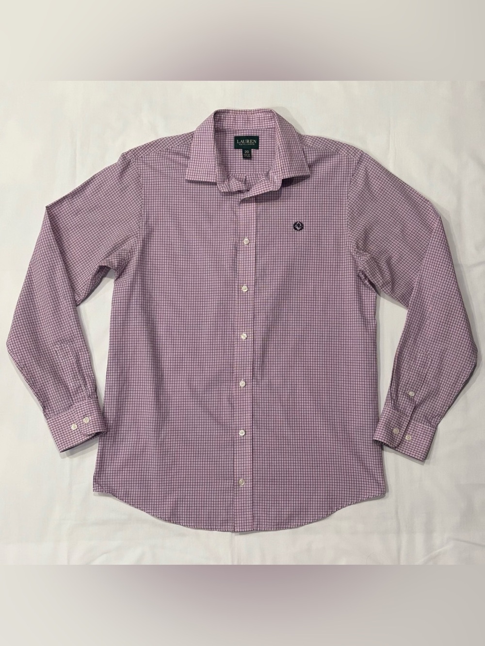 Lauren Ralph Lauren Boys Dress Shirt Size 20 Pink Navy Blue Gingham Check Plaid